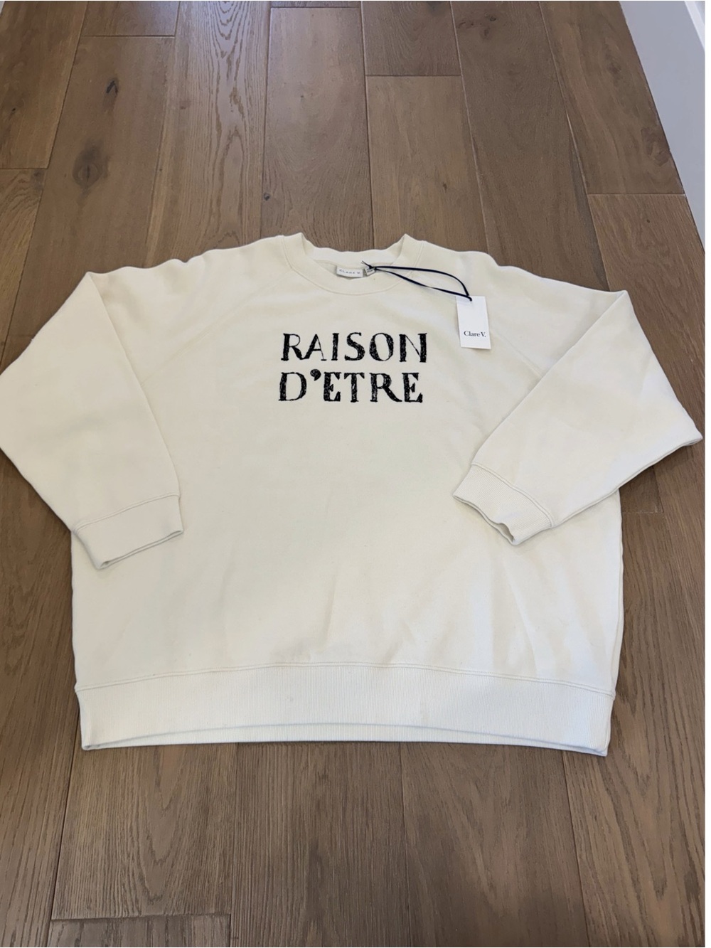 Clare V Cream Crewneck Sweater with 'RAISON D'ÊTRE' Graphic